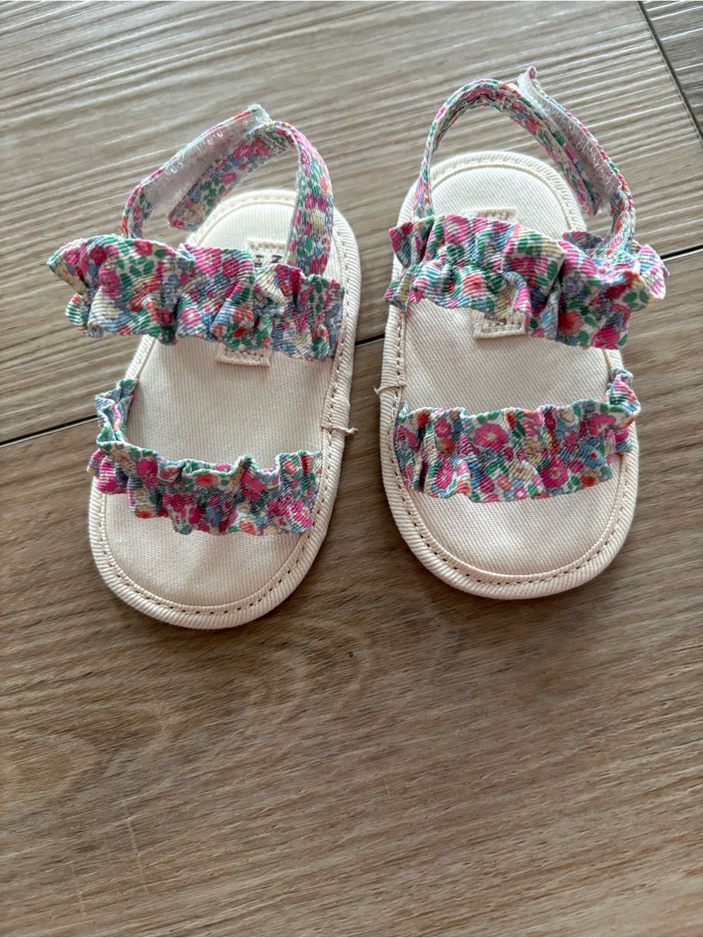 next Cream Sandals with Pink & Green Floral Ruffles